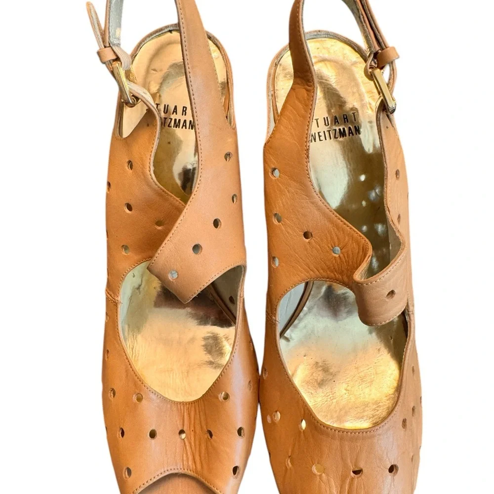 Stuart Weitzman Tan Leather Cutout Platform Heels Peep Toe Women’s Size 9 in EUC